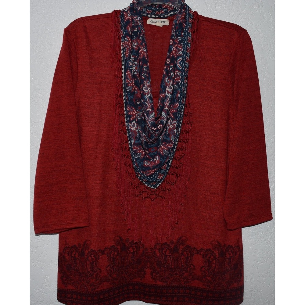 Clover and Pine Knit Top Red with Detachable Scarf Fringe Detail XL Boho Artsy